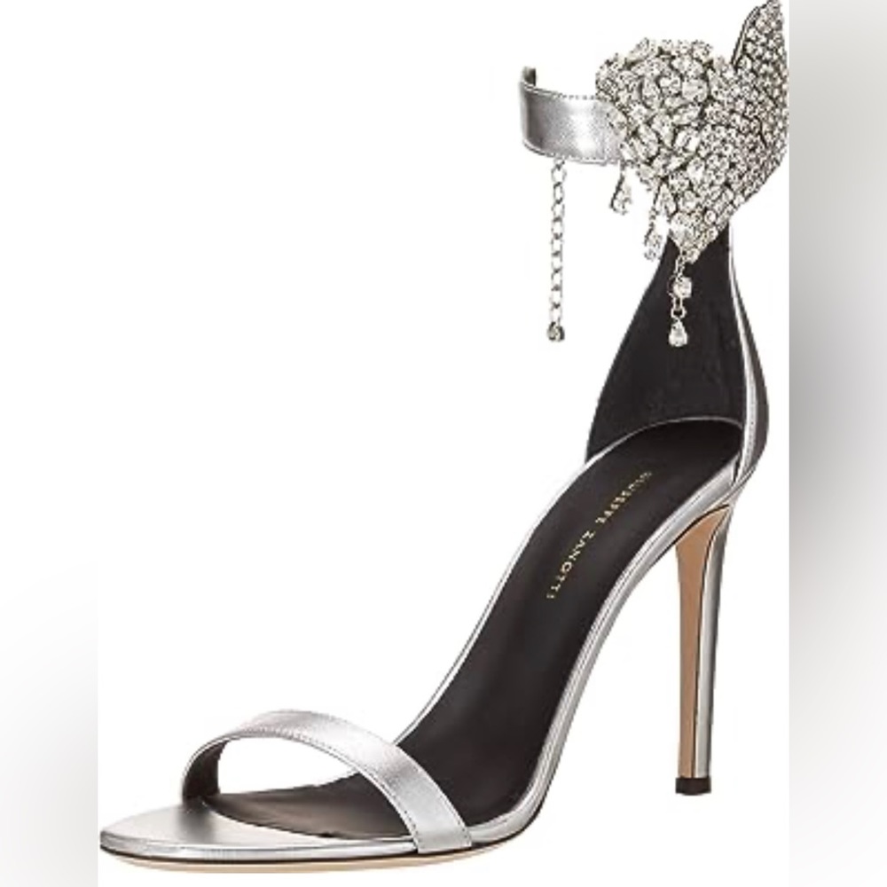 Giuseppe zanotti silver strap heel with diamond heart
